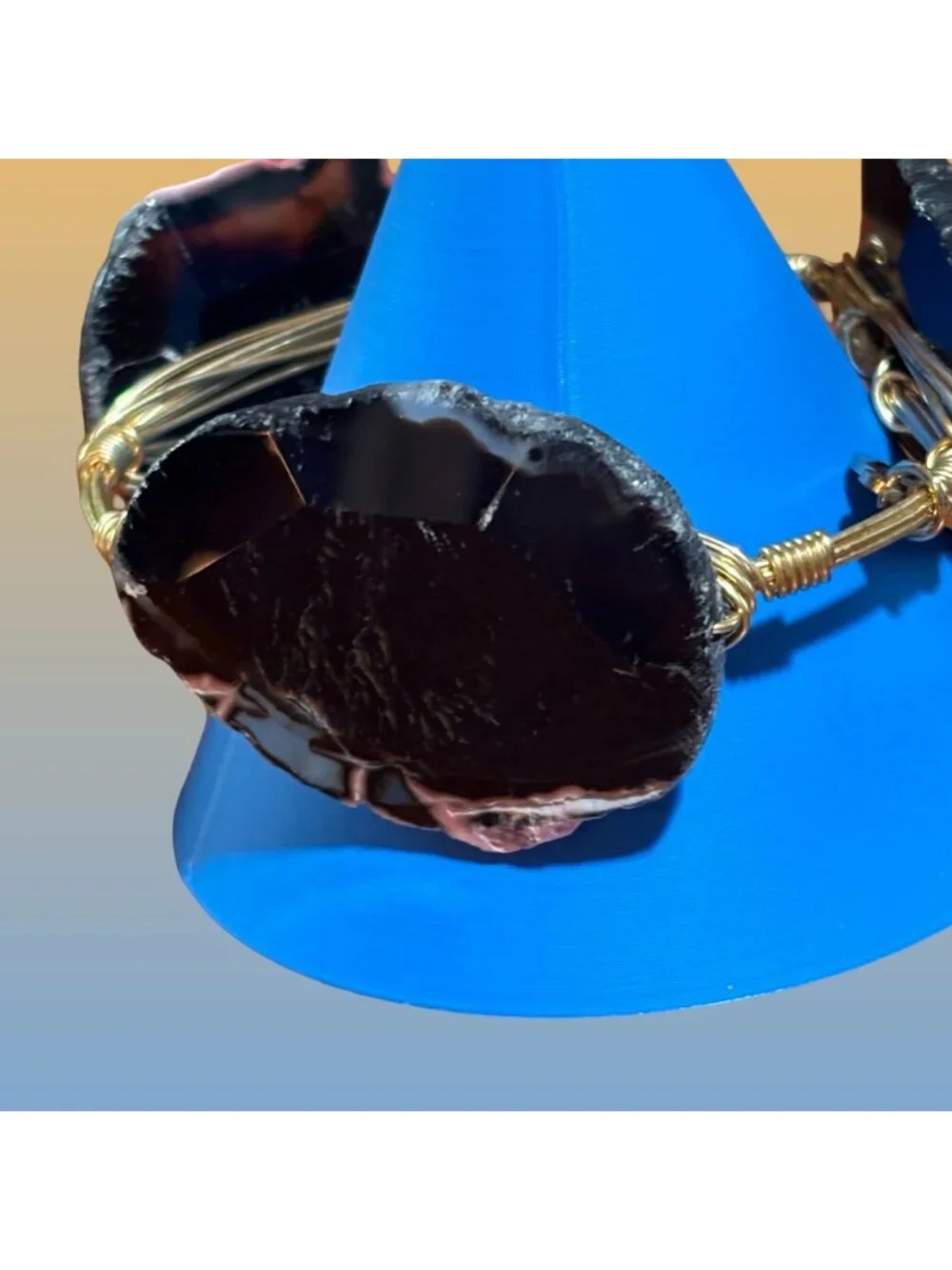 BB Black Pink Agate Stone Cuff Bracelet Gold Wire Wrap Handcrafted Bangle Vintag